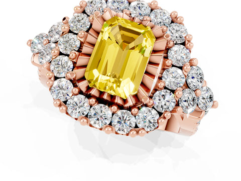 Rose gold Emerald Cut Yellow Sapphire Halo Ring with Pavé Band and Four-Prong Setting_13
