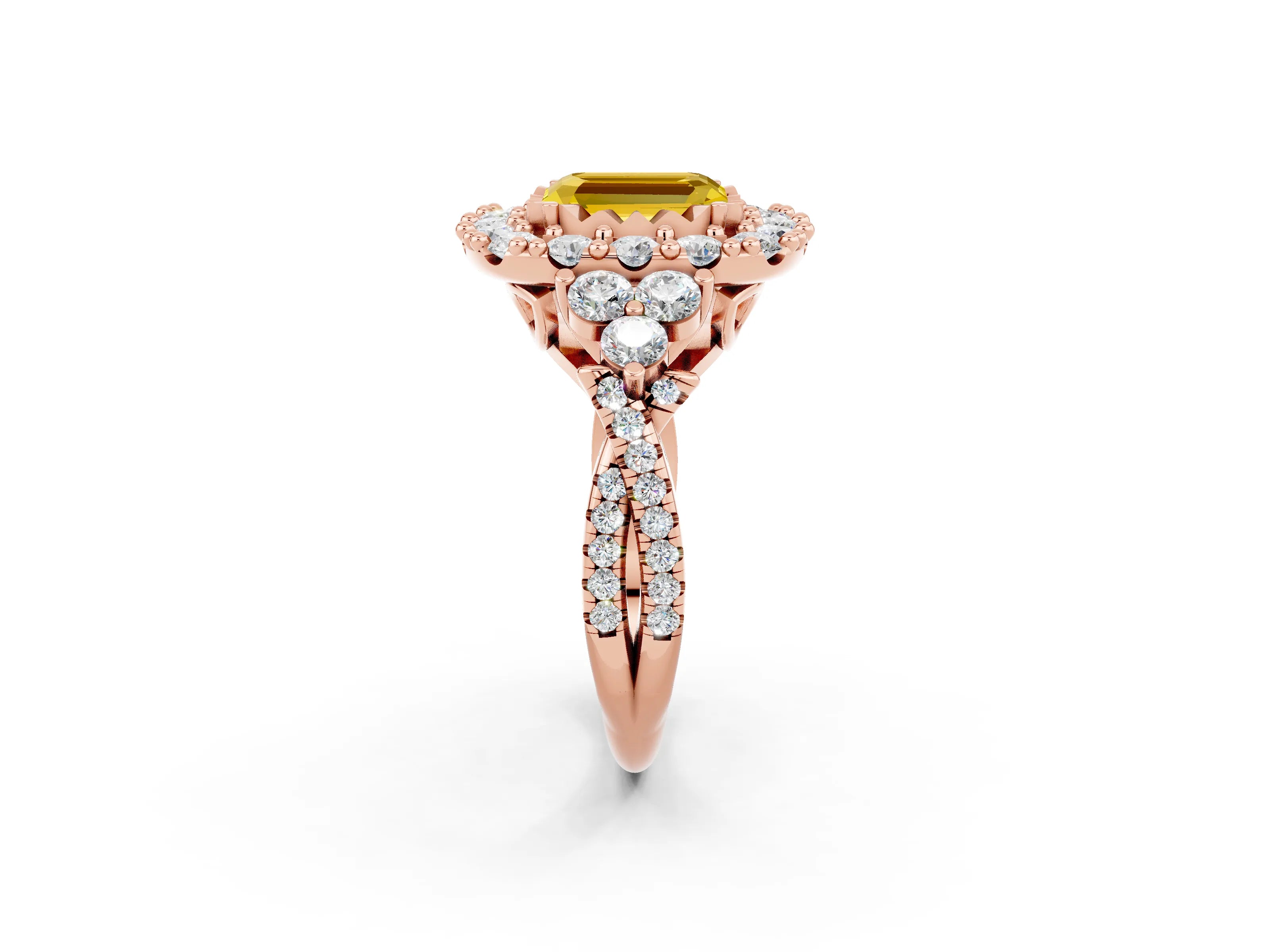 Rose gold Emerald Cut Yellow Sapphire Halo Ring with Pavé Band and Four-Prong Setting_14