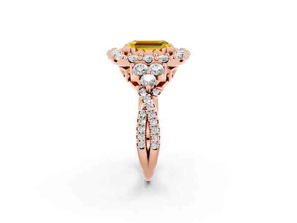 Rose gold Emerald Cut Yellow Sapphire Halo Ring with Pavé Band and Four-Prong Setting