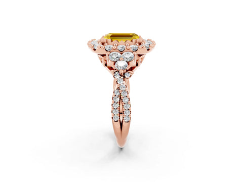 Rose gold Emerald Cut Yellow Sapphire Halo Ring with Pavé Band and Four-Prong Setting_14