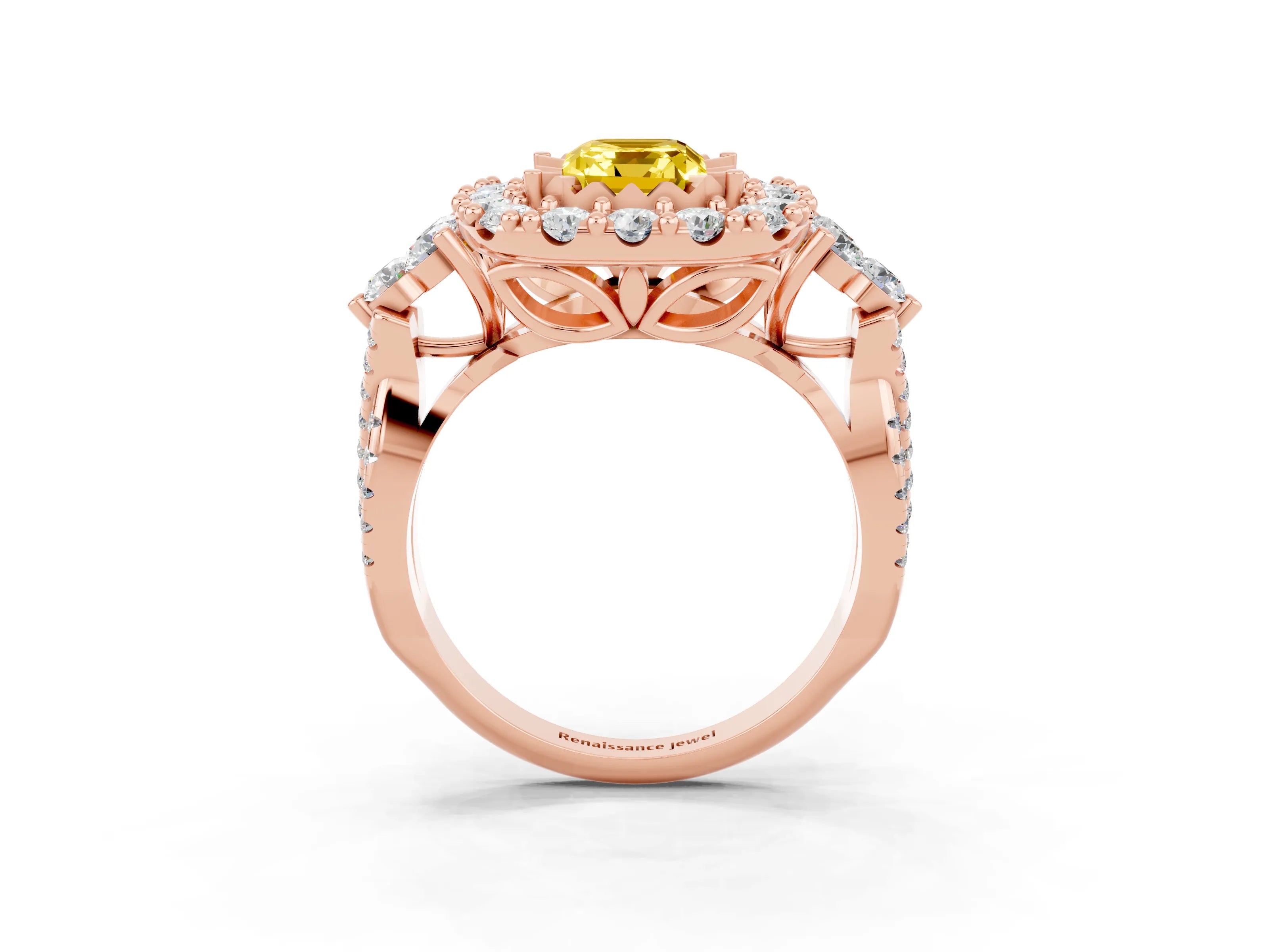 Rose gold Emerald Cut Yellow Sapphire Halo Ring with Pavé Band and Four-Prong Setting_15