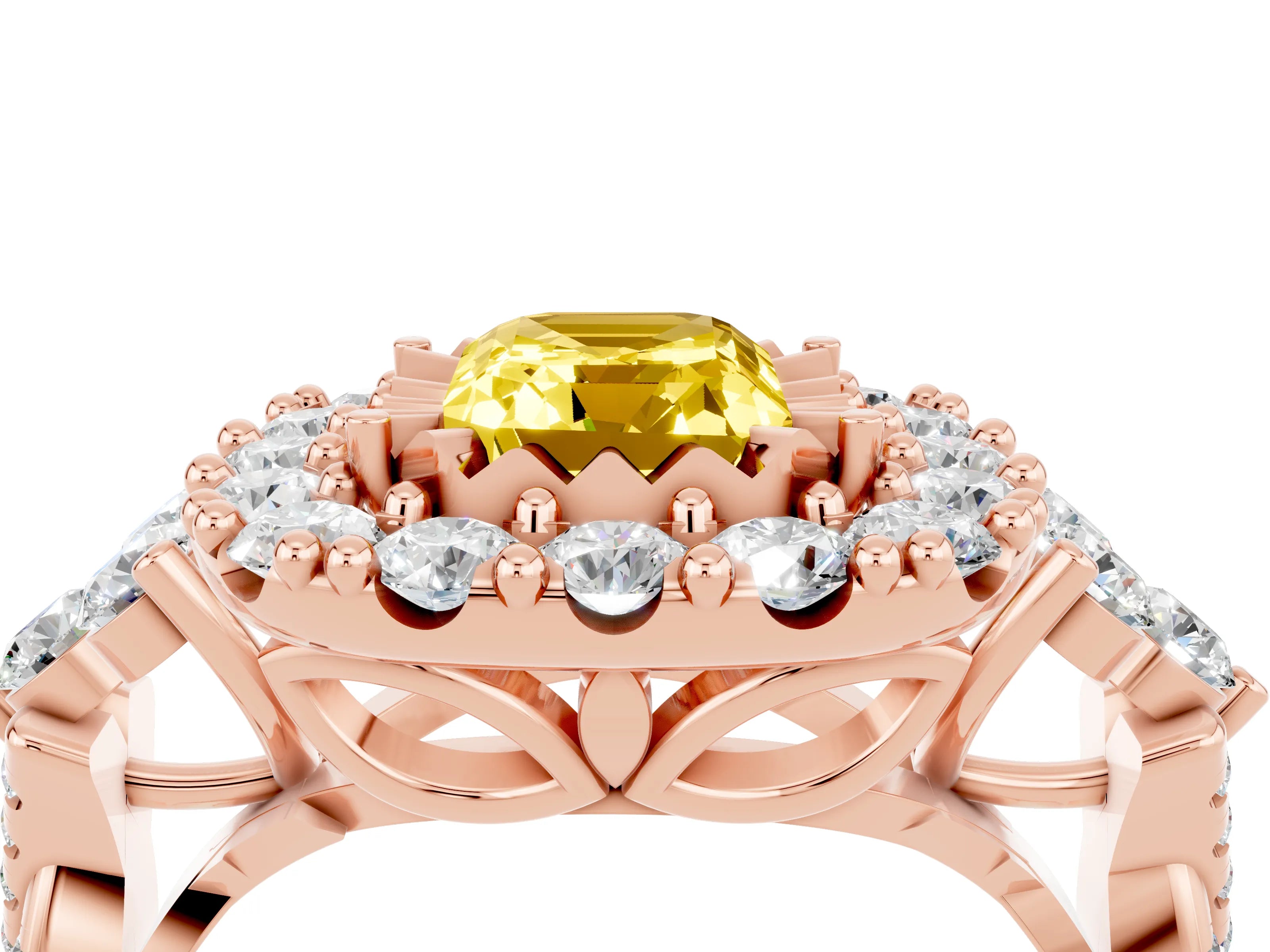 Rose gold Emerald Cut Yellow Sapphire Halo Ring with Pavé Band and Four-Prong Setting_16