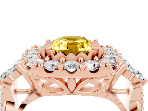Rose gold Emerald Cut Yellow Sapphire Halo Ring with Pavé Band and Four-Prong Setting_16