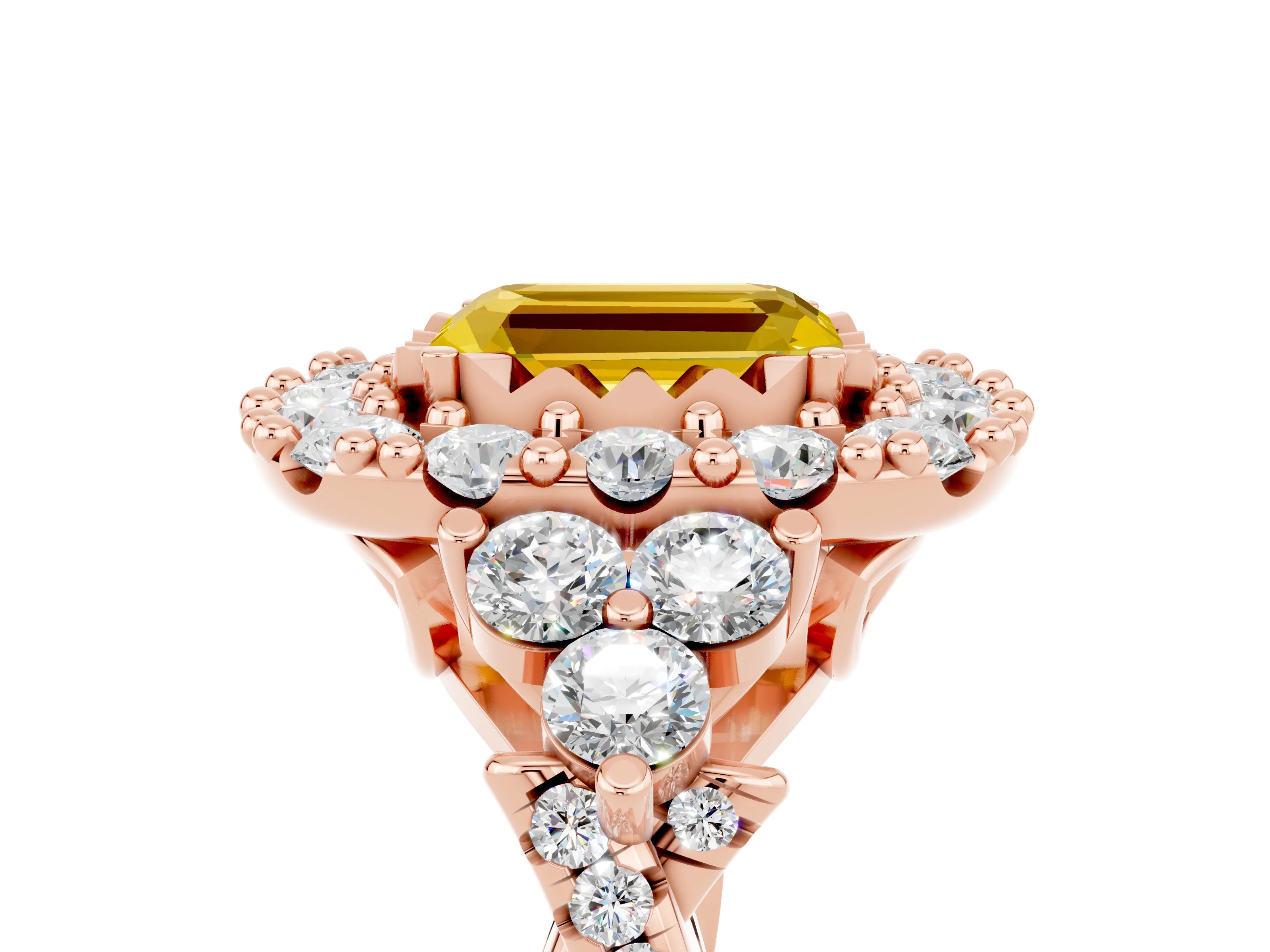 Rose gold Emerald Cut Yellow Sapphire Halo Ring with Pavé Band and Four-Prong Setting_17