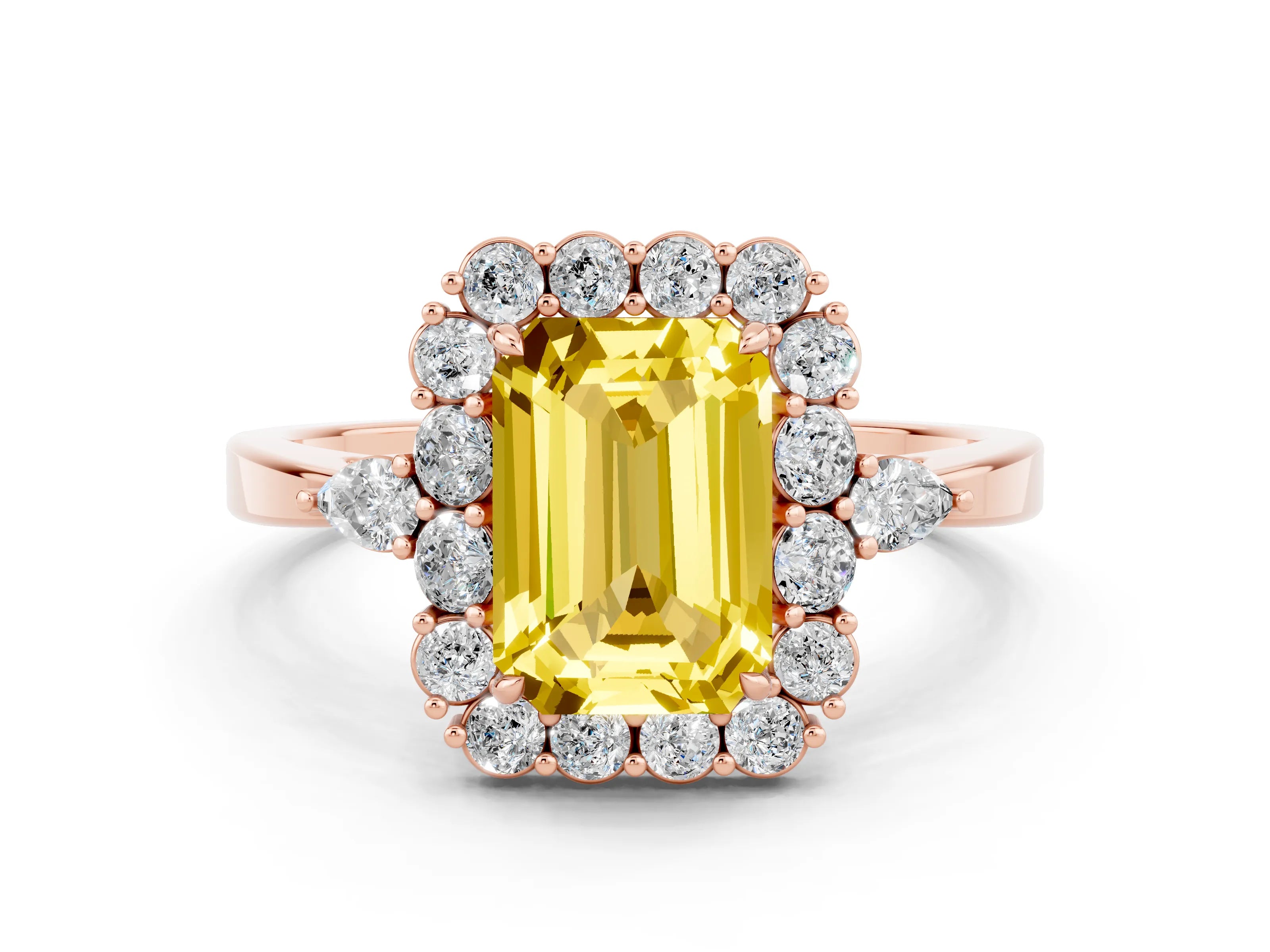 Rose gold Emerald Cut Yellow Sapphire Halo Ring with Pear Side Stones and Prong Setting_12