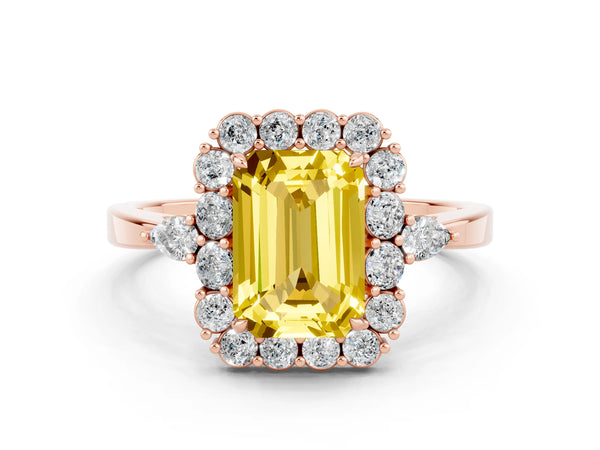 Rose gold Emerald Cut Yellow Sapphire Halo Ring with Pear Side Stones and Prong Setting