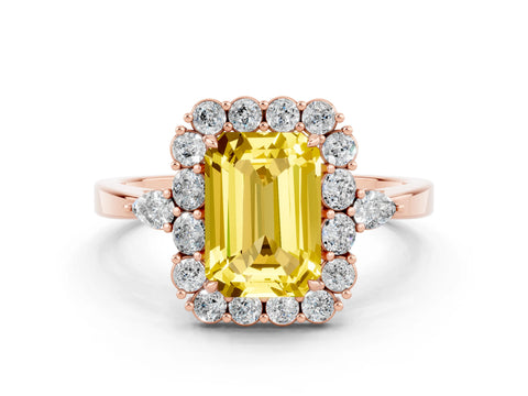 Rose gold Emerald Cut Yellow Sapphire Halo Ring with Pear Side Stones and Prong Setting_12