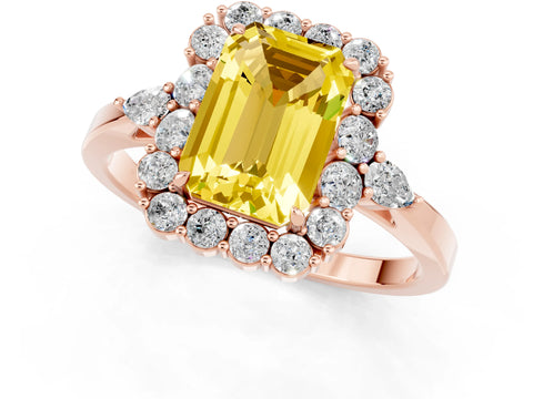 Rose gold Emerald Cut Yellow Sapphire Halo Ring with Pear Side Stones and Prong Setting_13