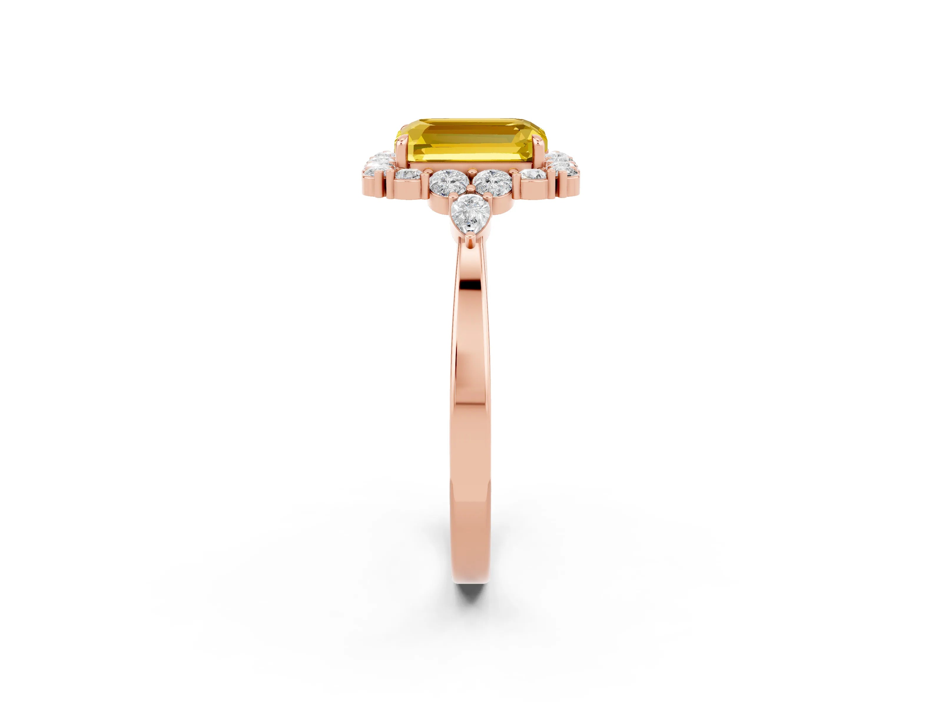 Rose gold Emerald Cut Yellow Sapphire Halo Ring with Pear Side Stones and Prong Setting_14