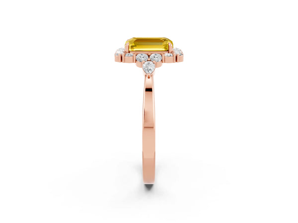 Rose gold Emerald Cut Yellow Sapphire Halo Ring with Pear Side Stones and Prong Setting