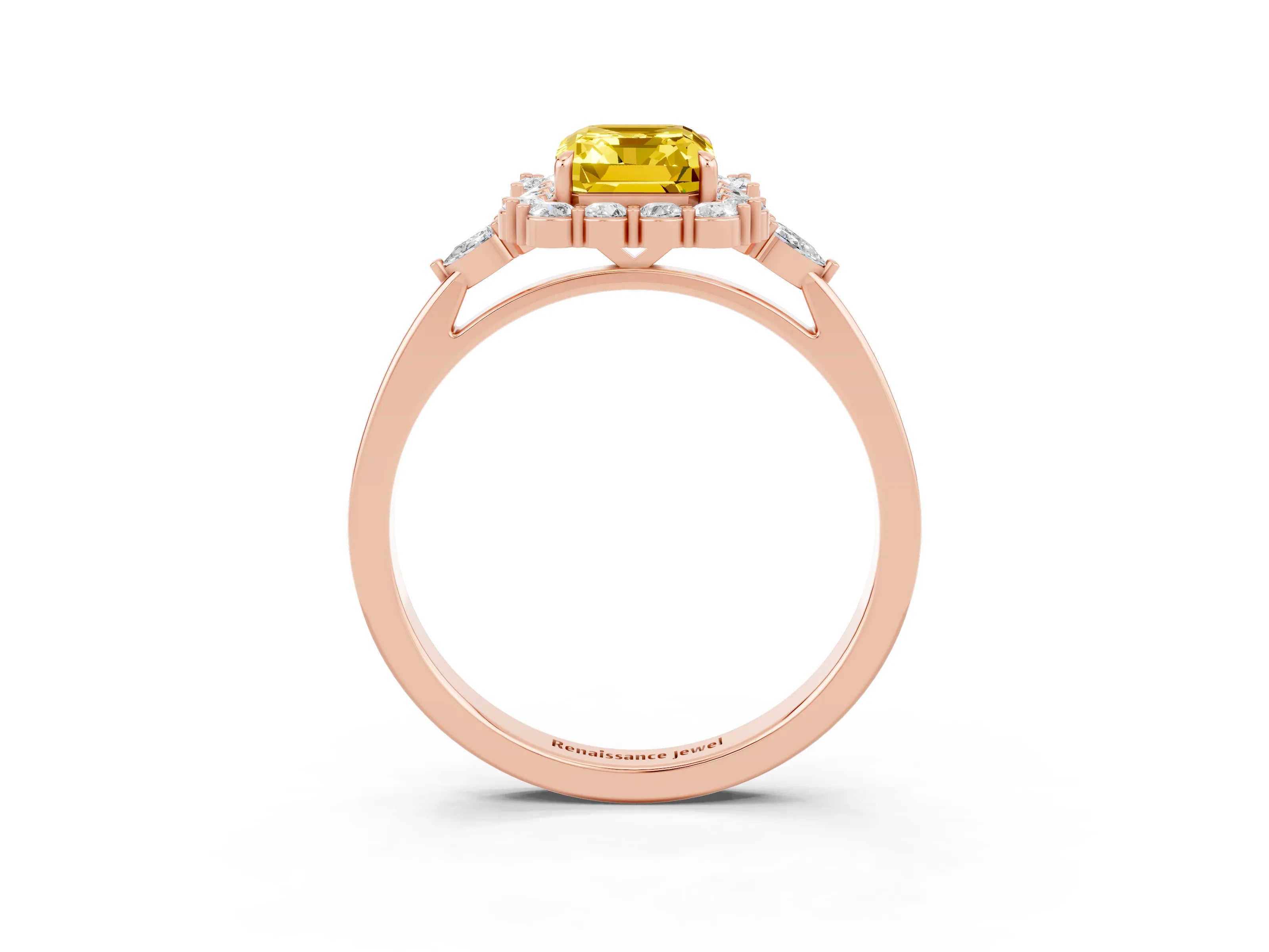 Rose gold Emerald Cut Yellow Sapphire Halo Ring with Pear Side Stones and Prong Setting_15