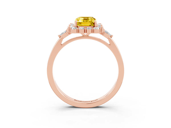 Rose gold Emerald Cut Yellow Sapphire Halo Ring with Pear Side Stones and Prong Setting