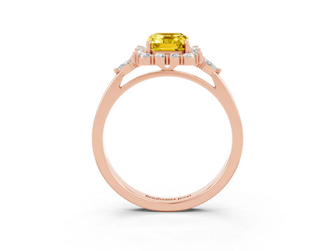 Rose gold Emerald Cut Yellow Sapphire Halo Ring with Pear Side Stones and Prong Setting_15
