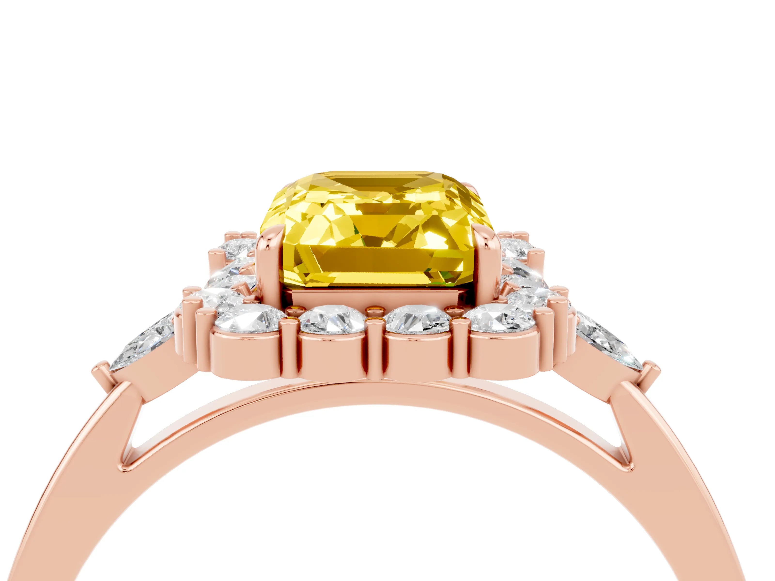 Rose gold Emerald Cut Yellow Sapphire Halo Ring with Pear Side Stones and Prong Setting_16