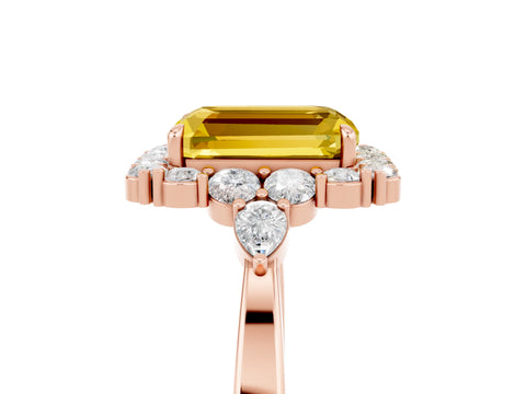 Rose gold Emerald Cut Yellow Sapphire Halo Ring with Pear Side Stones and Prong Setting_17
