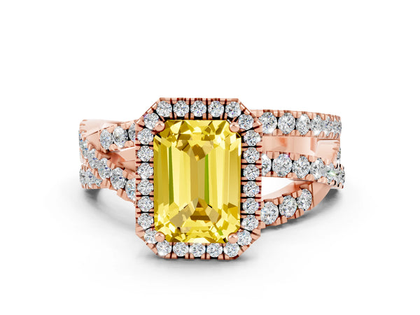 Rose gold Emerald Cut Yellow Sapphire Halo Ring with Round Split Shank and Prong Setting