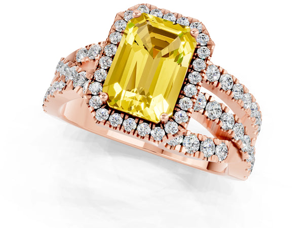 Rose gold Emerald Cut Yellow Sapphire Halo Ring with Round Split Shank and Prong Setting