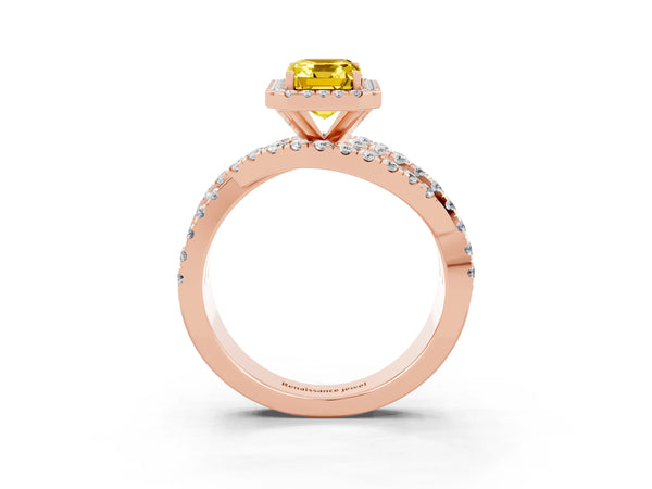 Rose gold Emerald Cut Yellow Sapphire Halo Ring with Round Split Shank and Prong Setting