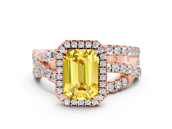 Rose gold Emerald Cut Yellow Sapphire Halo Ring with Round Split Shank and Prong Setting