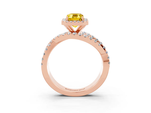 Rose gold Emerald Cut Yellow Sapphire Halo Ring with Round Split Shank and Prong Setting