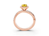 Rose gold Emerald Cut Yellow Sapphire Halo Ring with Round Split Shank and Prong Setting_52