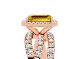 Rose gold Emerald Cut Yellow Sapphire Halo Ring with Round Split Shank and Prong Setting_54