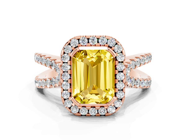 Rose gold Emerald Cut Yellow Sapphire Halo Ring with Split Shank Pavé Band and Prong Setting