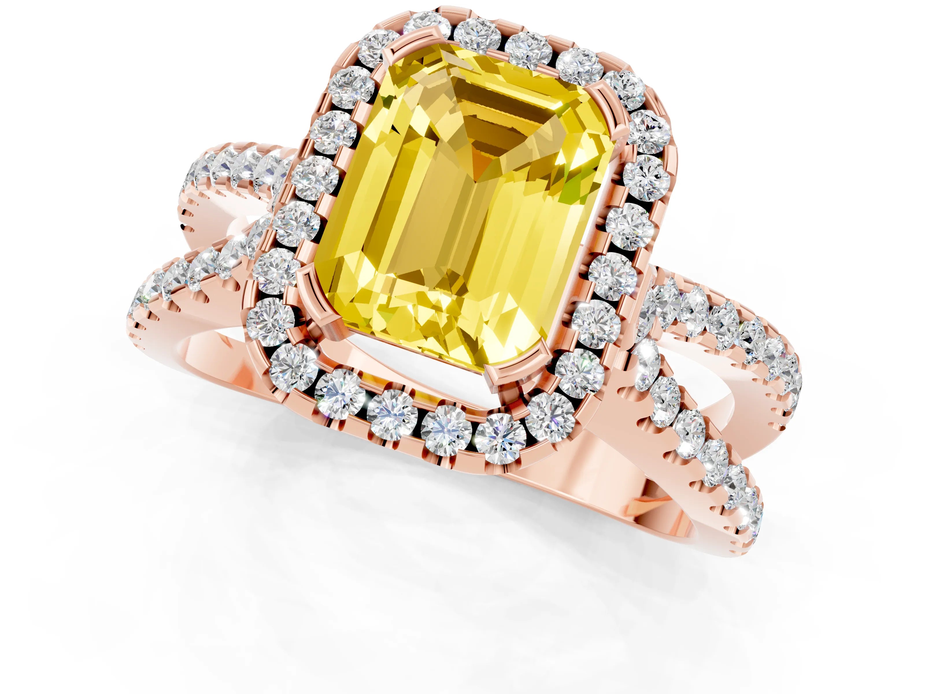 Rose gold Emerald Cut Yellow Sapphire Halo Ring with Split Shank Pavé Band and Prong Setting_13