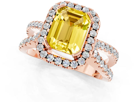 Rose gold Emerald Cut Yellow Sapphire Halo Ring with Split Shank Pavé Band and Prong Setting_13