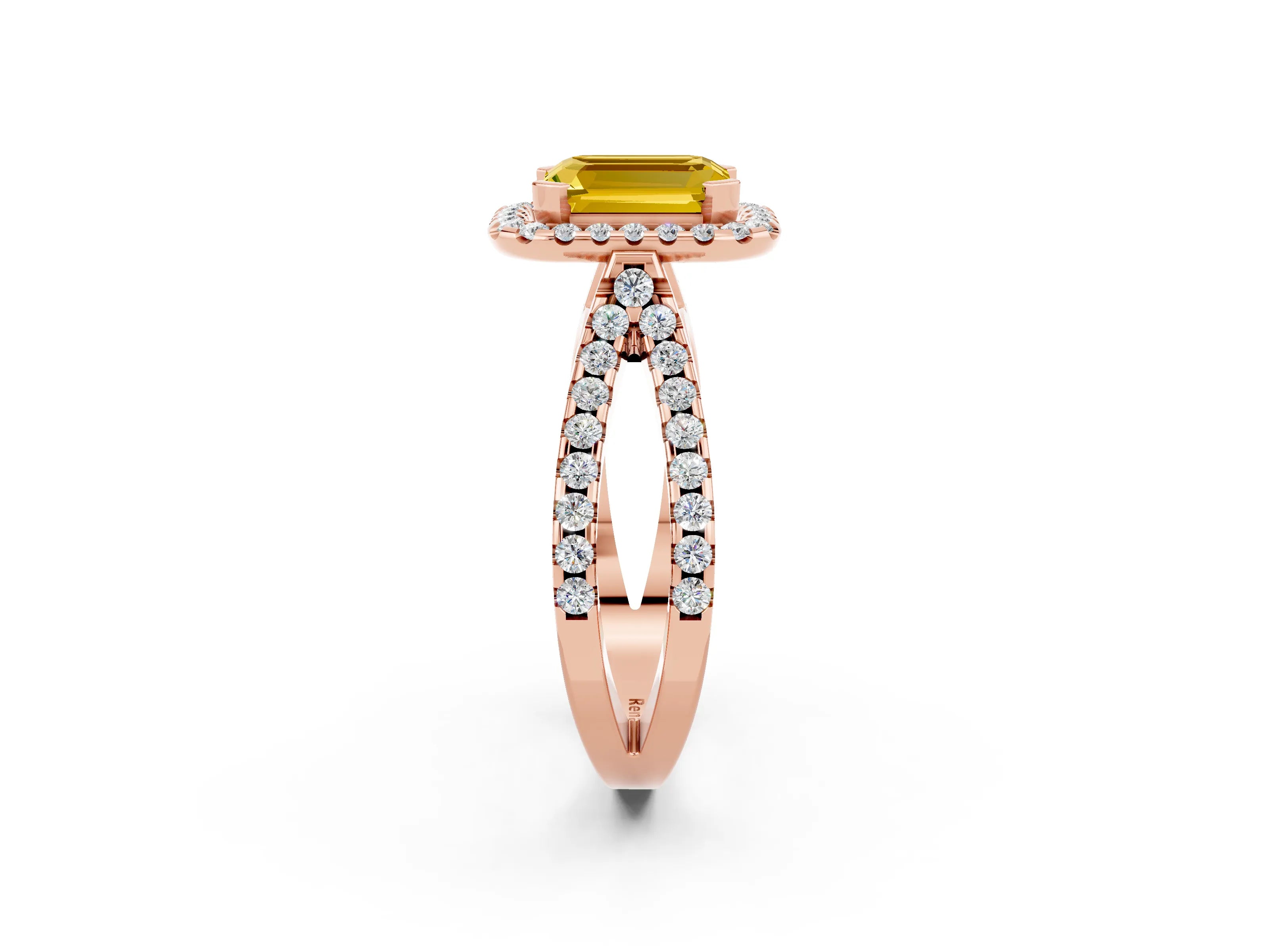 Rose gold Emerald Cut Yellow Sapphire Halo Ring with Split Shank Pavé Band and Prong Setting_14