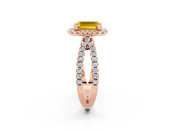 Rose gold Emerald Cut Yellow Sapphire Halo Ring with Split Shank Pavé Band and Prong Setting