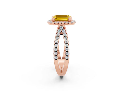 Rose gold Emerald Cut Yellow Sapphire Halo Ring with Split Shank Pavé Band and Prong Setting_14