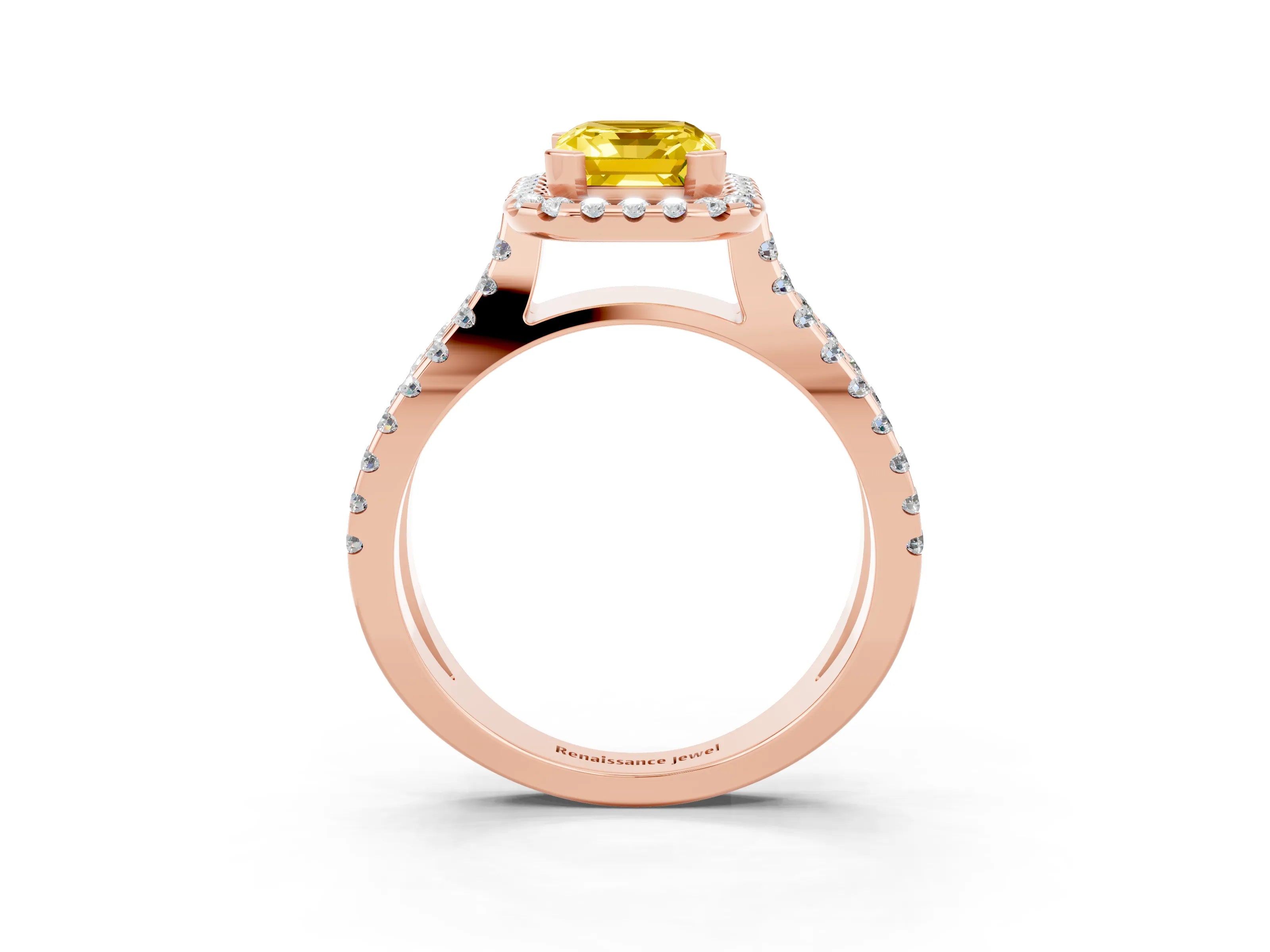Rose gold Emerald Cut Yellow Sapphire Halo Ring with Split Shank Pavé Band and Prong Setting_15
