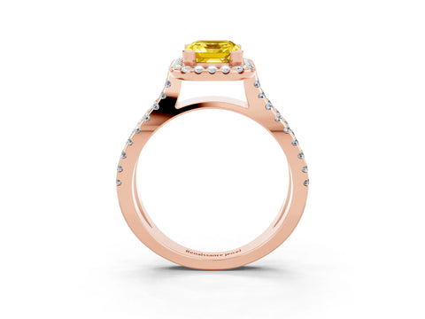 Rose gold Emerald Cut Yellow Sapphire Halo Ring with Split Shank Pavé Band and Prong Setting_15