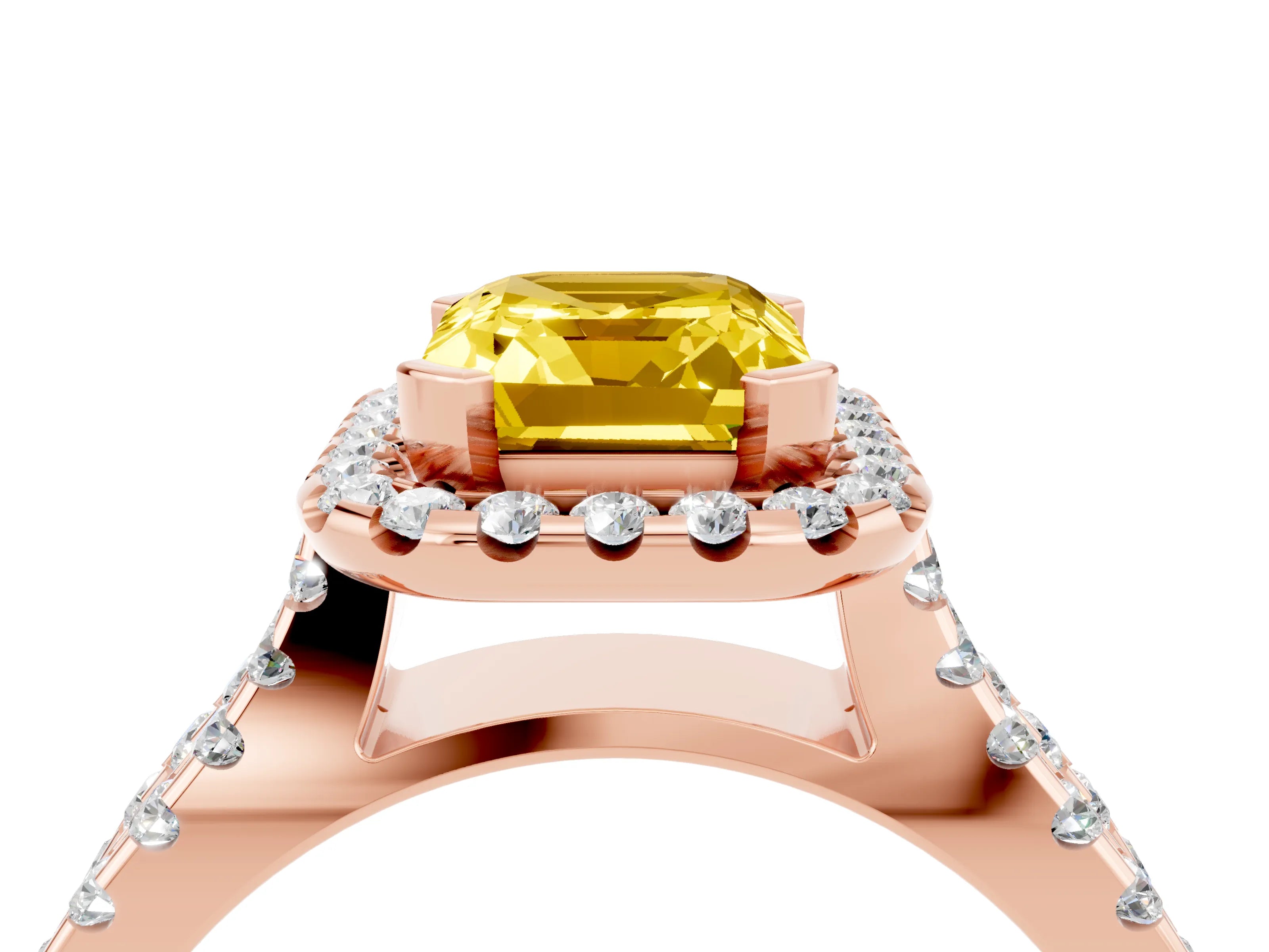 Rose gold Emerald Cut Yellow Sapphire Halo Ring with Split Shank Pavé Band and Prong Setting_16