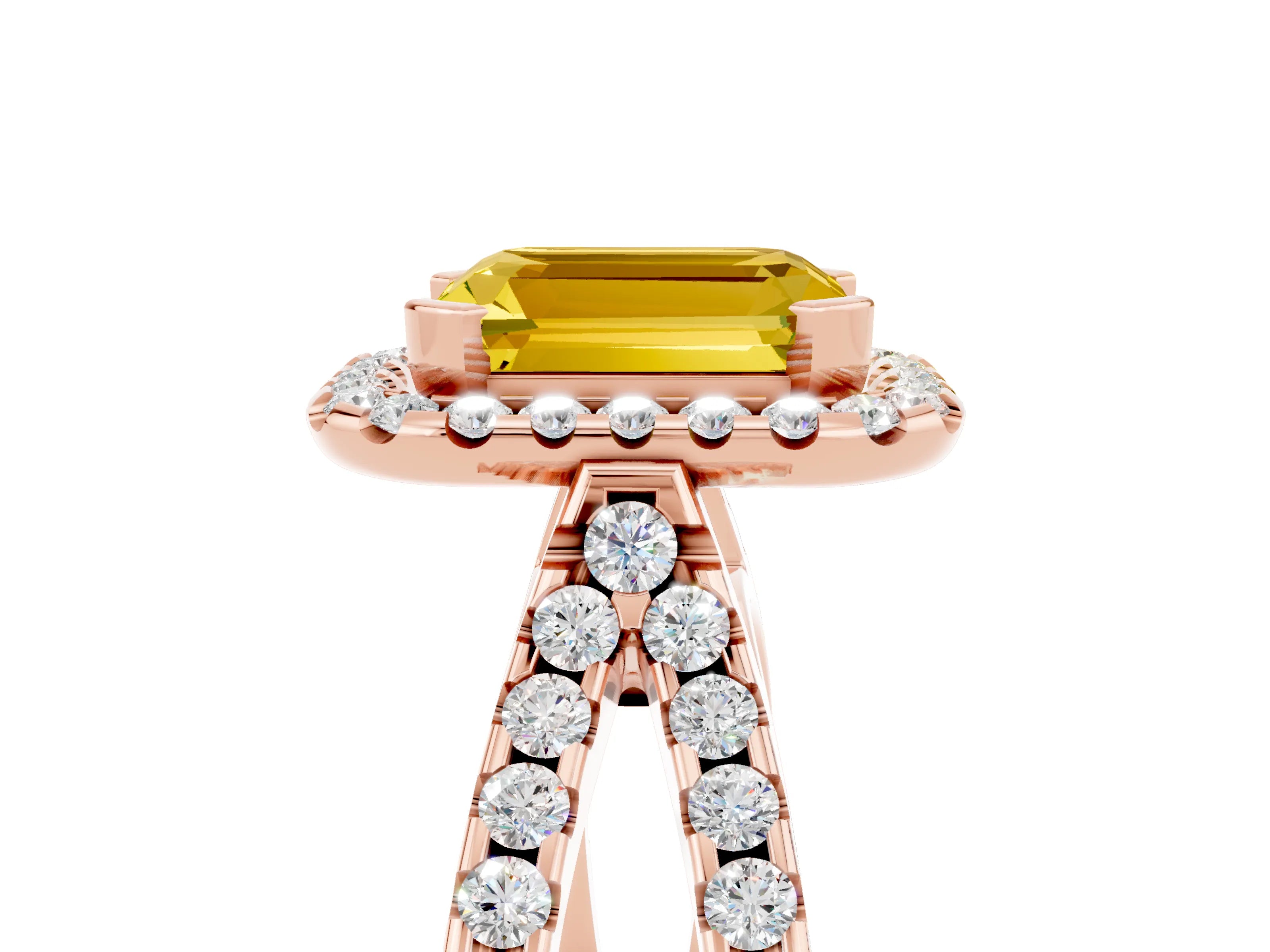 Rose gold Emerald Cut Yellow Sapphire Halo Ring with Split Shank Pavé Band and Prong Setting_17