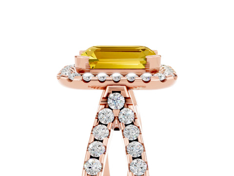 Rose gold Emerald Cut Yellow Sapphire Halo Ring with Split Shank Pavé Band and Prong Setting_17