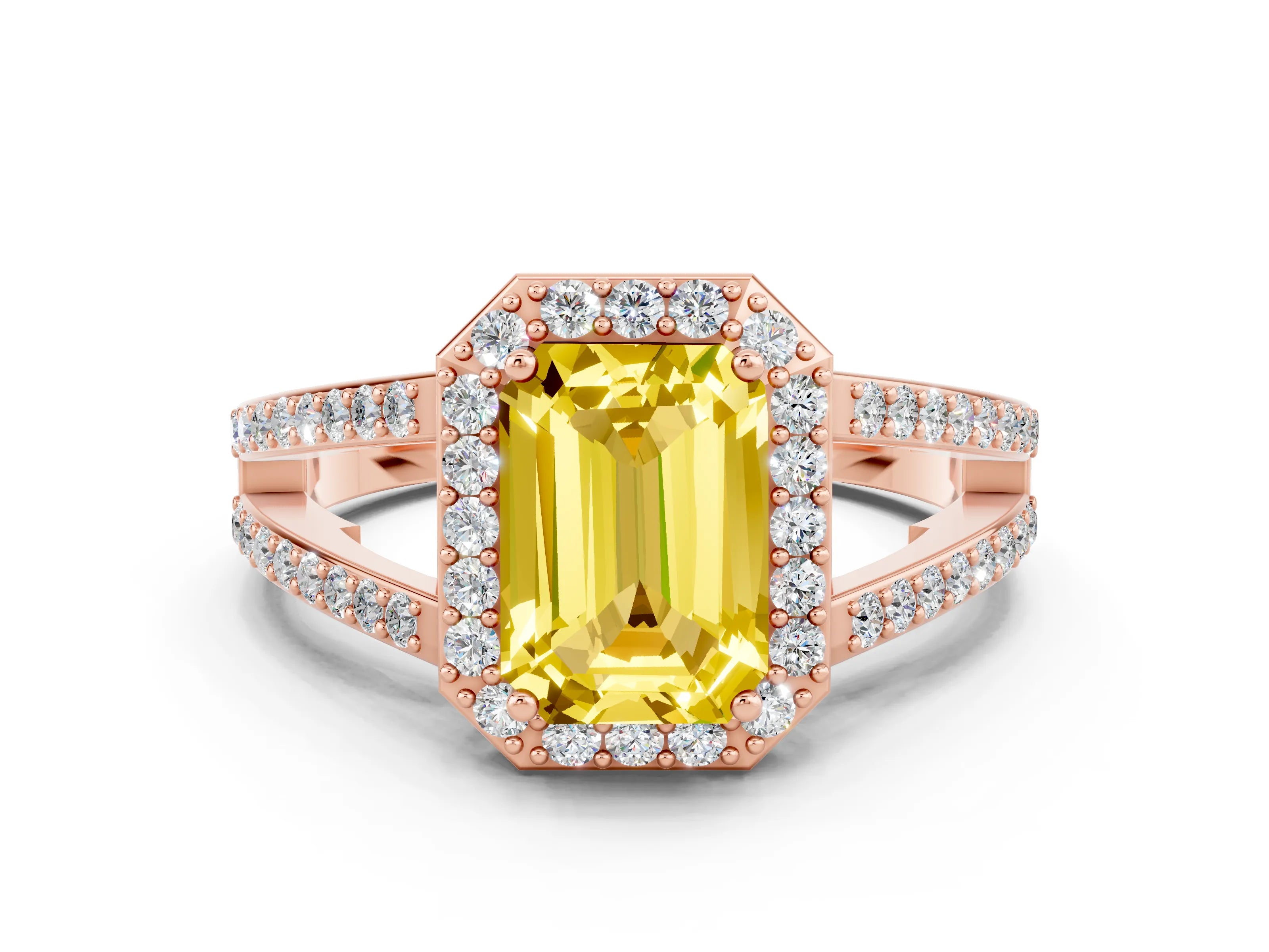Rose gold Emerald Cut Yellow Sapphire Halo Ring with Split Shank U-Prong Band and Four-Prong Setting