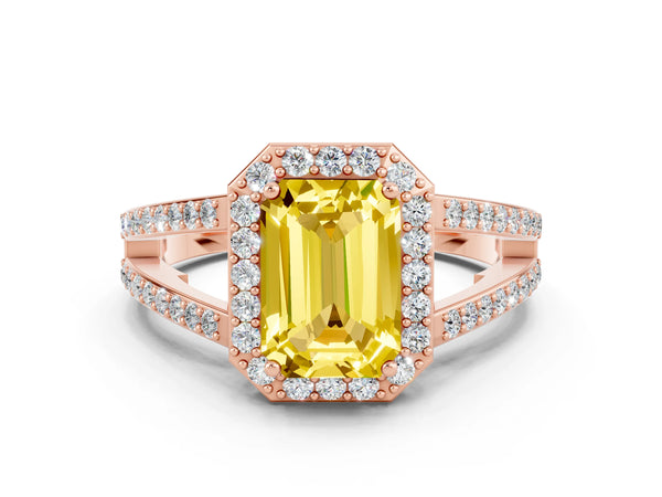 Rose gold Emerald Cut Yellow Sapphire Halo Ring with Split Shank U-Prong Band and Four-Prong Setting