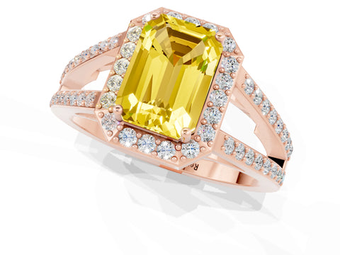 Rose gold Emerald Cut Yellow Sapphire Halo Ring with Split Shank U-Prong Band and Four-Prong Setting_1