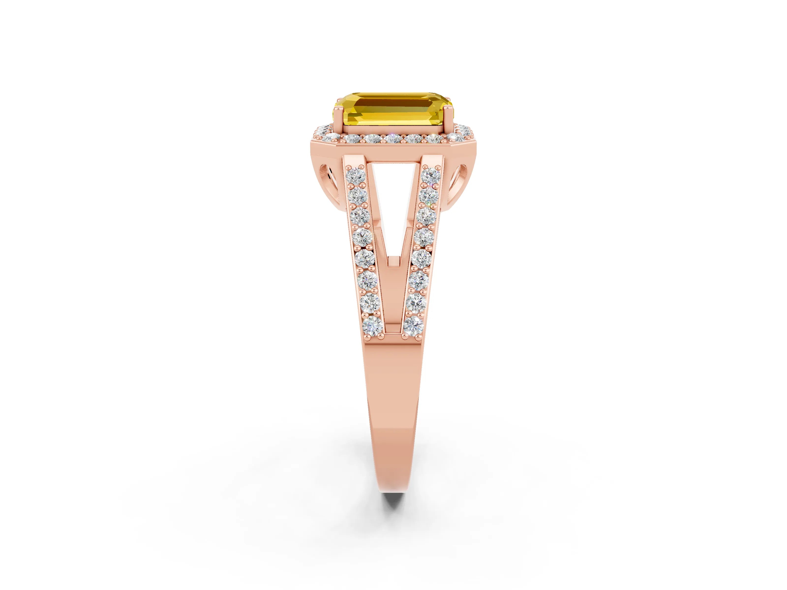 Rose gold Emerald Cut Yellow Sapphire Halo Ring with Split Shank U-Prong Band and Four-Prong Setting_2