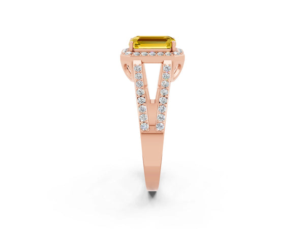 Rose gold Emerald Cut Yellow Sapphire Halo Ring with Split Shank U-Prong Band and Four-Prong Setting