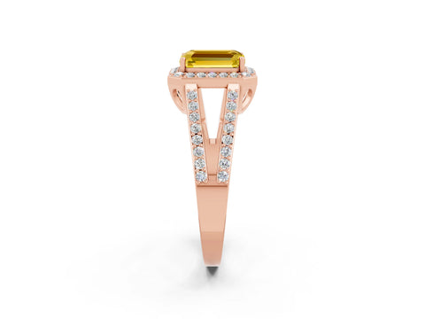 Rose gold Emerald Cut Yellow Sapphire Halo Ring with Split Shank U-Prong Band and Four-Prong Setting_2