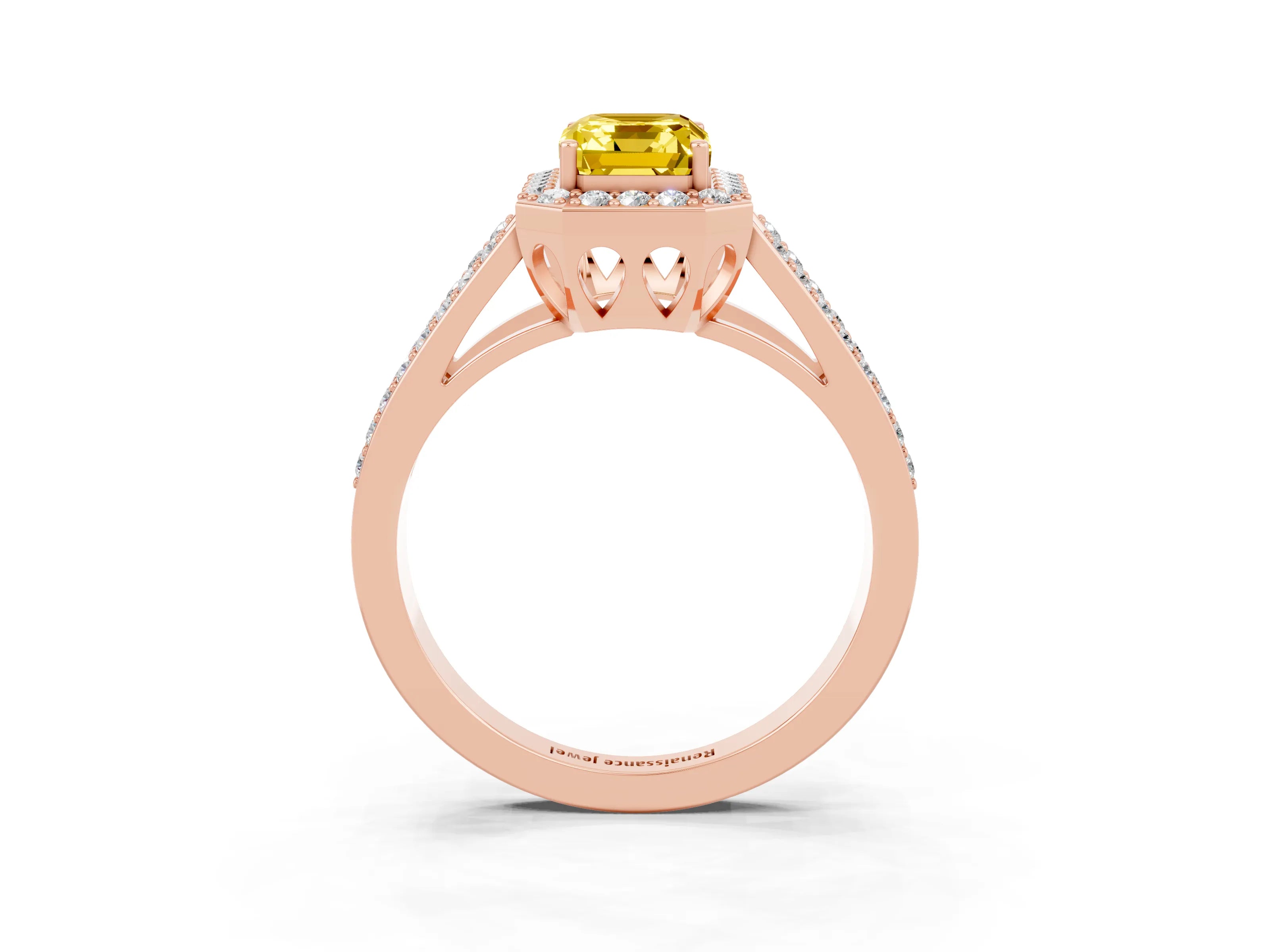 Rose gold Emerald Cut Yellow Sapphire Halo Ring with Split Shank U-Prong Band and Four-Prong Setting_3