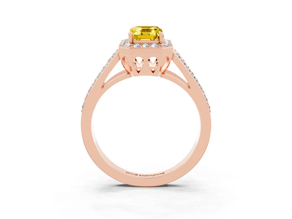 Rose gold Emerald Cut Yellow Sapphire Halo Ring with Split Shank U-Prong Band and Four-Prong Setting