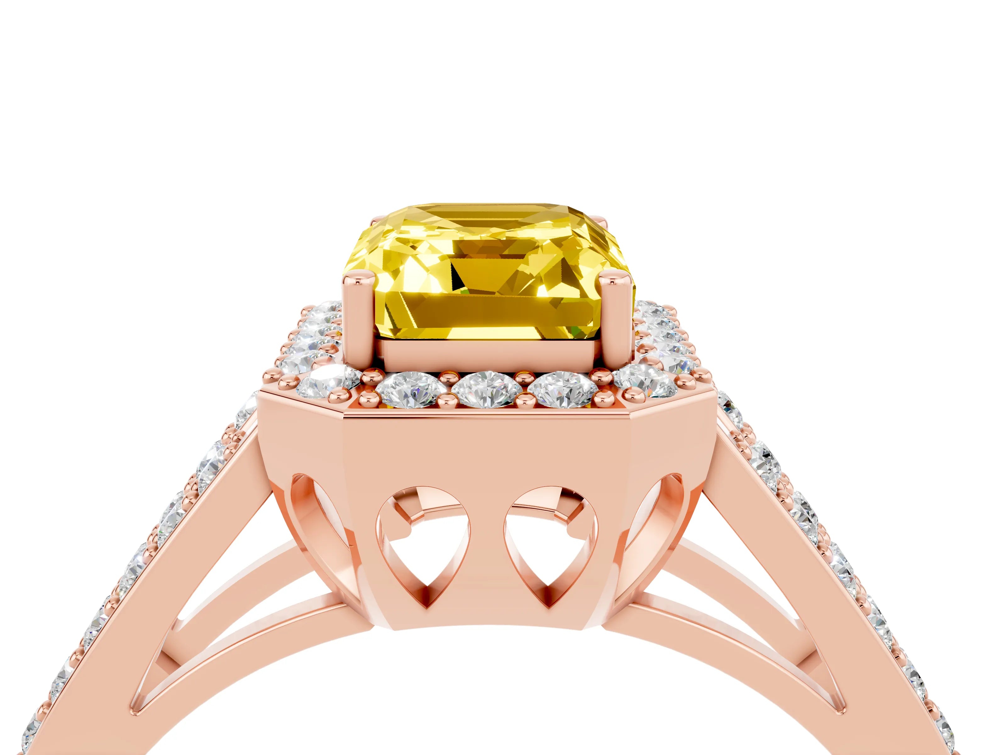 Rose gold Emerald Cut Yellow Sapphire Halo Ring with Split Shank U-Prong Band and Four-Prong Setting_4