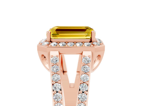 Rose gold Emerald Cut Yellow Sapphire Halo Ring with Split Shank U-Prong Band and Four-Prong Setting_5