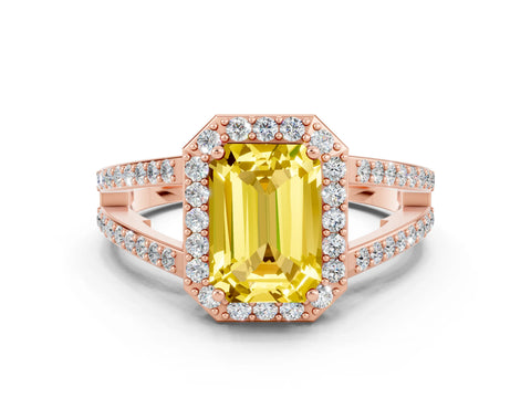 Rose gold Emerald Cut Yellow Sapphire Halo Ring with Split Shank U-Prong Band and Four-Prong Setting