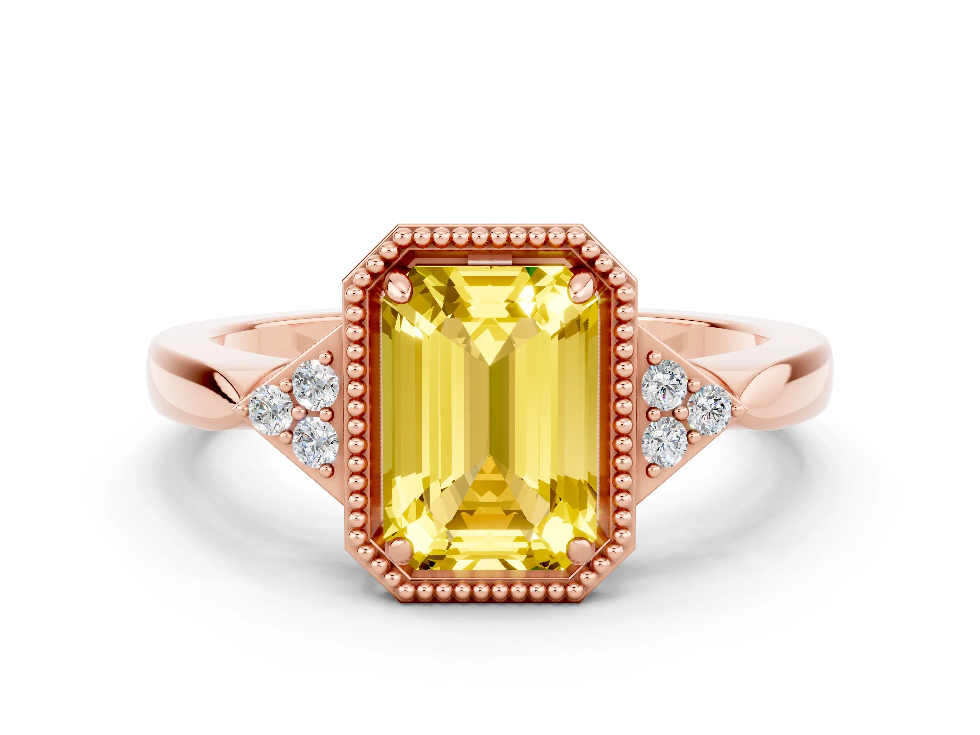 Rose gold Emerald Cut Yellow Sapphire Halo Ring with Tapered Band and Four-Prong Setting