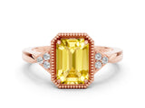 Rose gold Emerald Cut Yellow Sapphire Halo Ring with Tapered Band and Four-Prong Setting